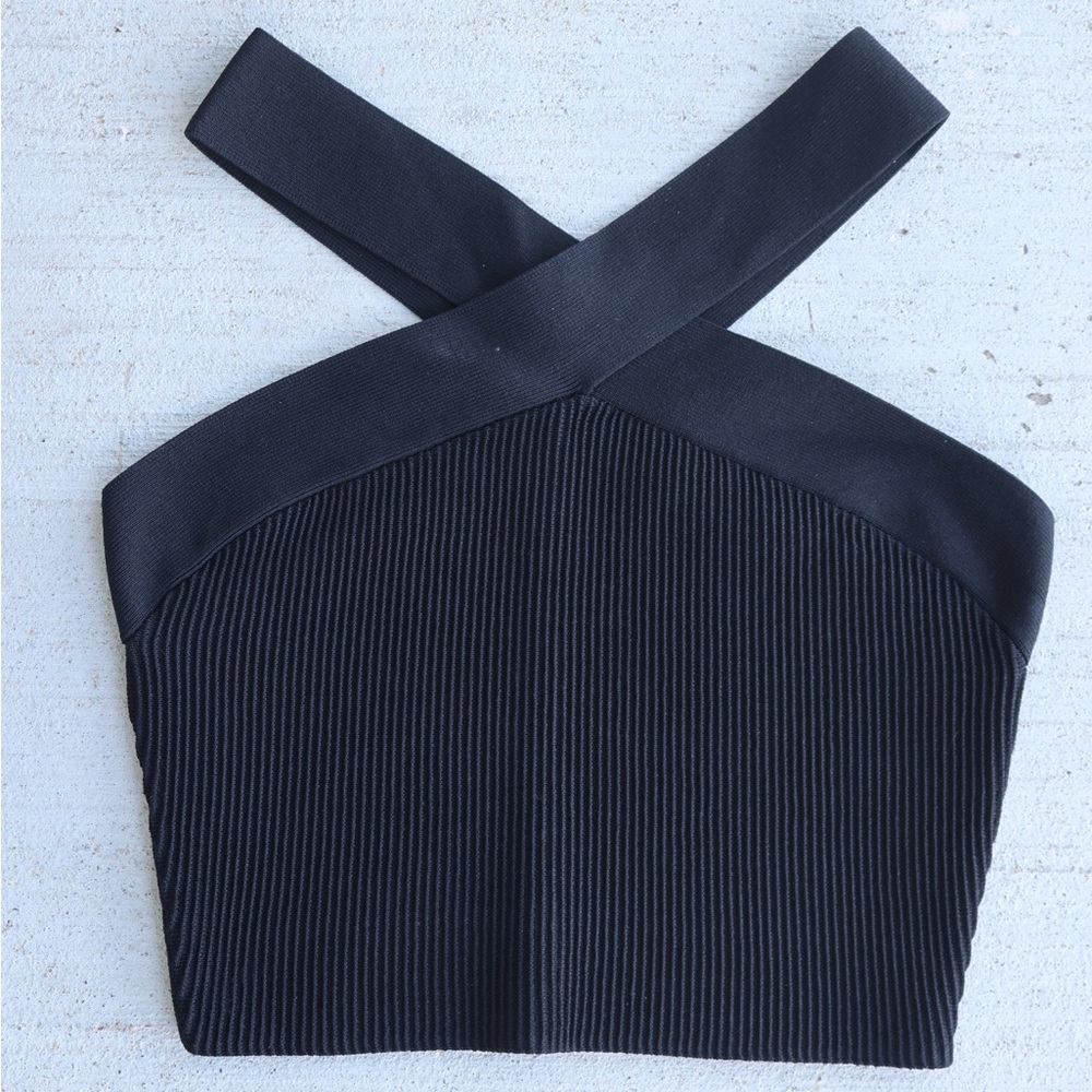 Babaton Black Sculpt Knit Criss Cross Cropped Top